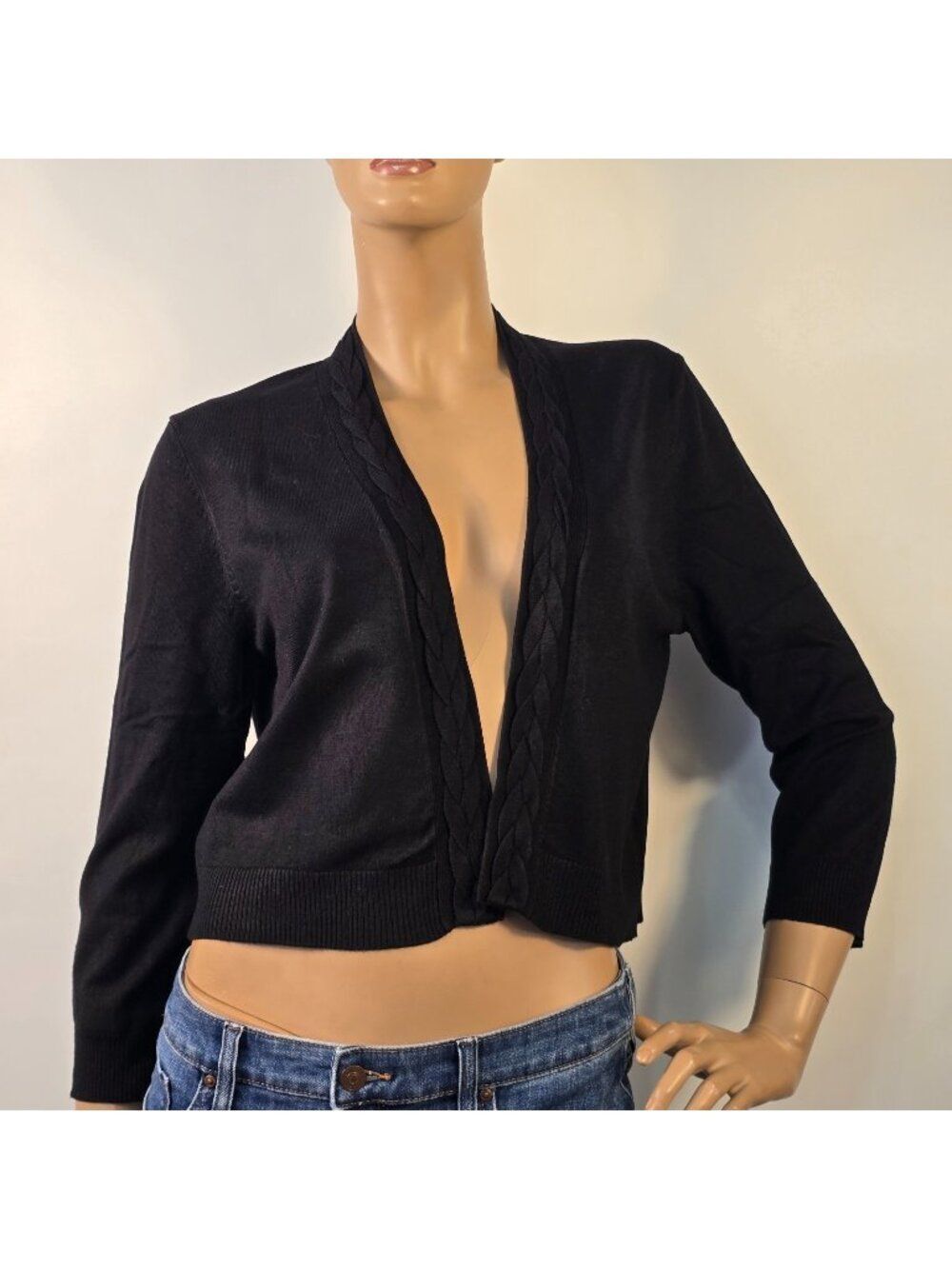 Premise Black Bolero Cardigan Sweater Cropped Shrug Open Front Braided Trim Sz L
